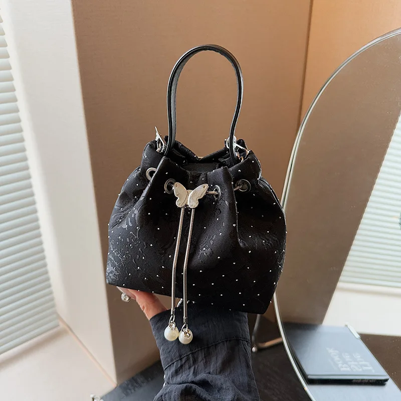 

2025 New Chinese Style Bucket Bag Elegant Chain Crossbody Purse Summer Trendy Shoulder Tote Mini Luxury Handbag