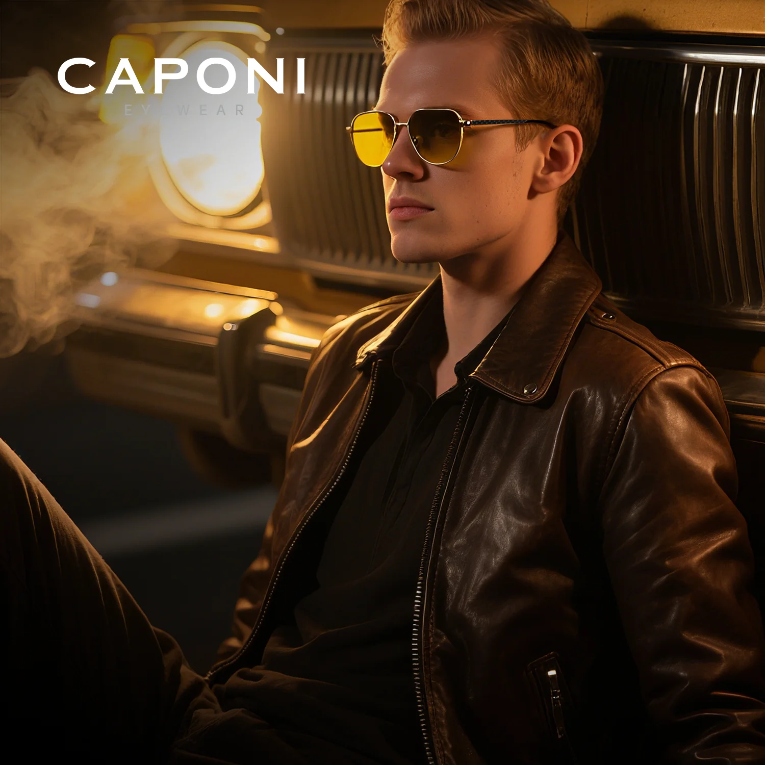CAPONI Night Vision Men Yellow Sunglasses Photochromic Carbon Fiber Night Driving Eyewear Original Design Brown Shades BSYS34713