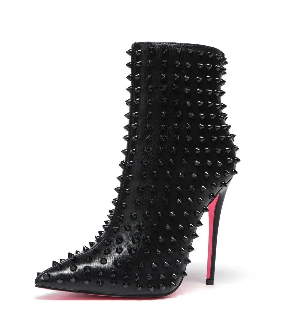 Pink Sole Studded Leather Ankle Boots Sexy Pointed Toe High Heels Zip Rivets Black Booties Luxury Big Size Party Shoes for Women