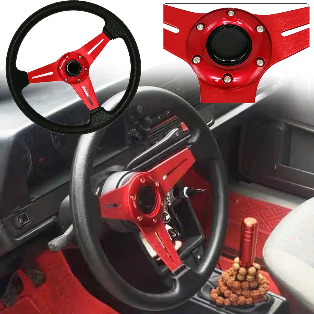 

Универсальное гоночное Рулевое колесо для дрифтинга с глубокой тарелкой, 13,4 дюйма, 340 мм, 6 болтов, ручка из виниловой кожи и алюминия с кнопкой из рога для автомобиля-красный