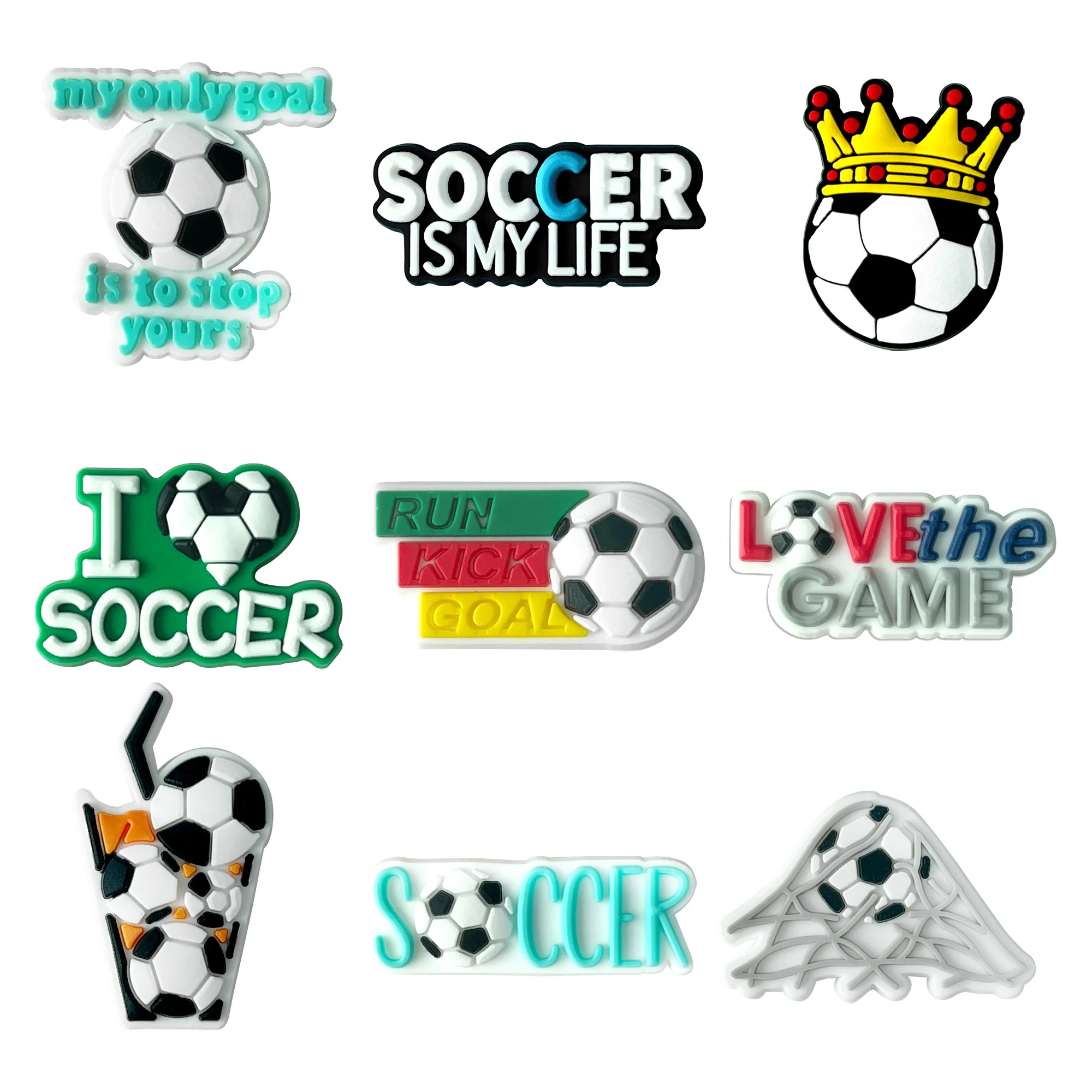 1-9Pcs I Love Soccer Run Kick Goal PVC Sandals Shoes Buckle Charms Volleyball Clog Decorations Fit Kids Sports Party Gift