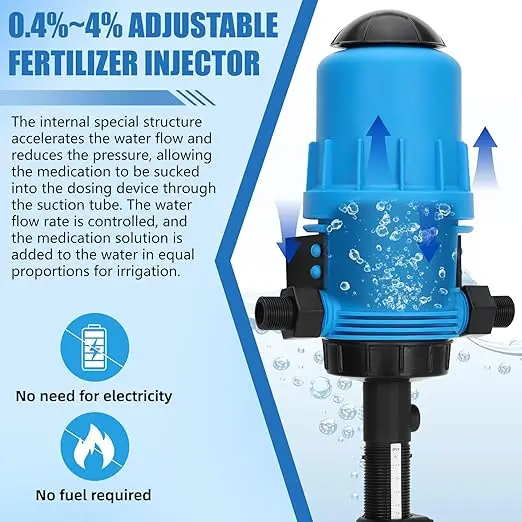 

Инжектор удобрений для капельного орошения, регулируемый дозирующий насос 0,4%-4%, дозатор жидкости с водяным питанием 3/4 дюйма Npt 2,6 ~ 660,43 Us Gal/