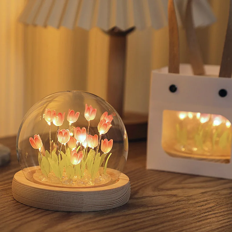 Tulip Flower Night Light com Tampa de Vidro Simulação, Abajur, Desktop Decor Ornamentos, Luz Ambiente, Holiday Gift, 10Pcs