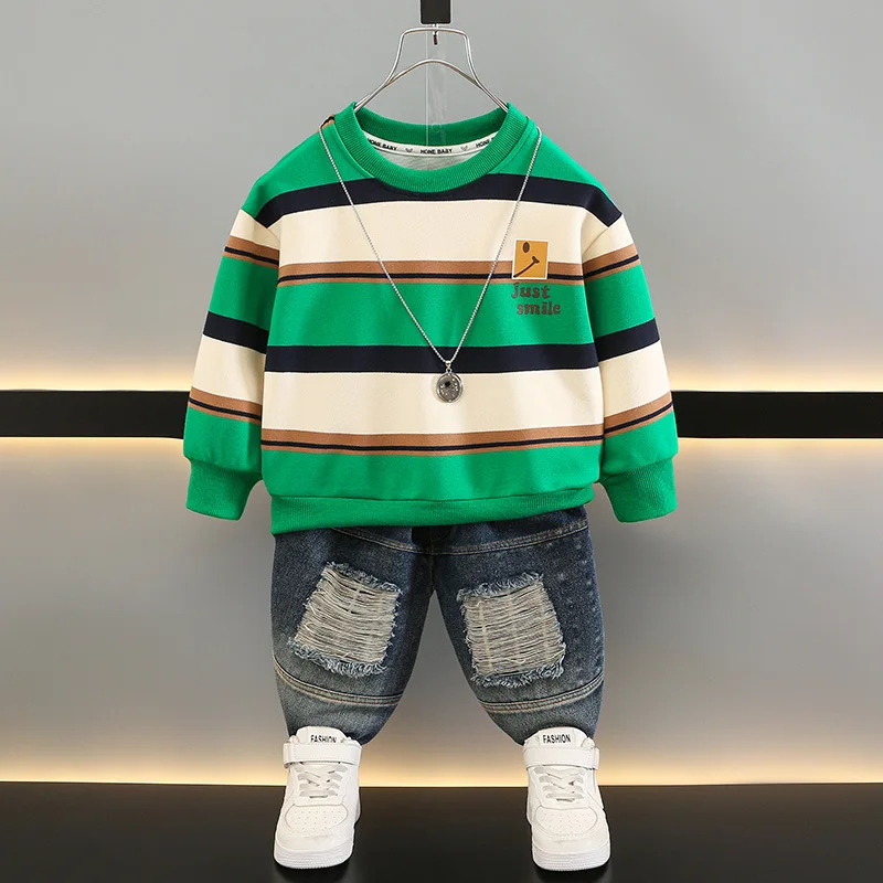 

Spring Autumn Boy 2-10Years Fashion Cool Boy Clothing Set Children Stripes Sweatshirts+Jears 2pcs Suits Teen Boy Sports Outfit