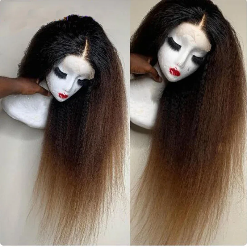 

Soft Ombre Blonde Glueless 180Density Kinky Straight 26Inch Long Deep Lace Front Wig For Women With Baby Hair Preplucked Daily