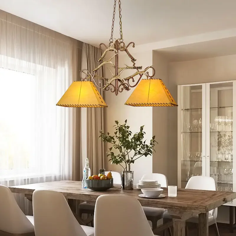 American Retro Imitation Sheepskin Lampshade Pendant Light - Chinese Style Deer Horn Design