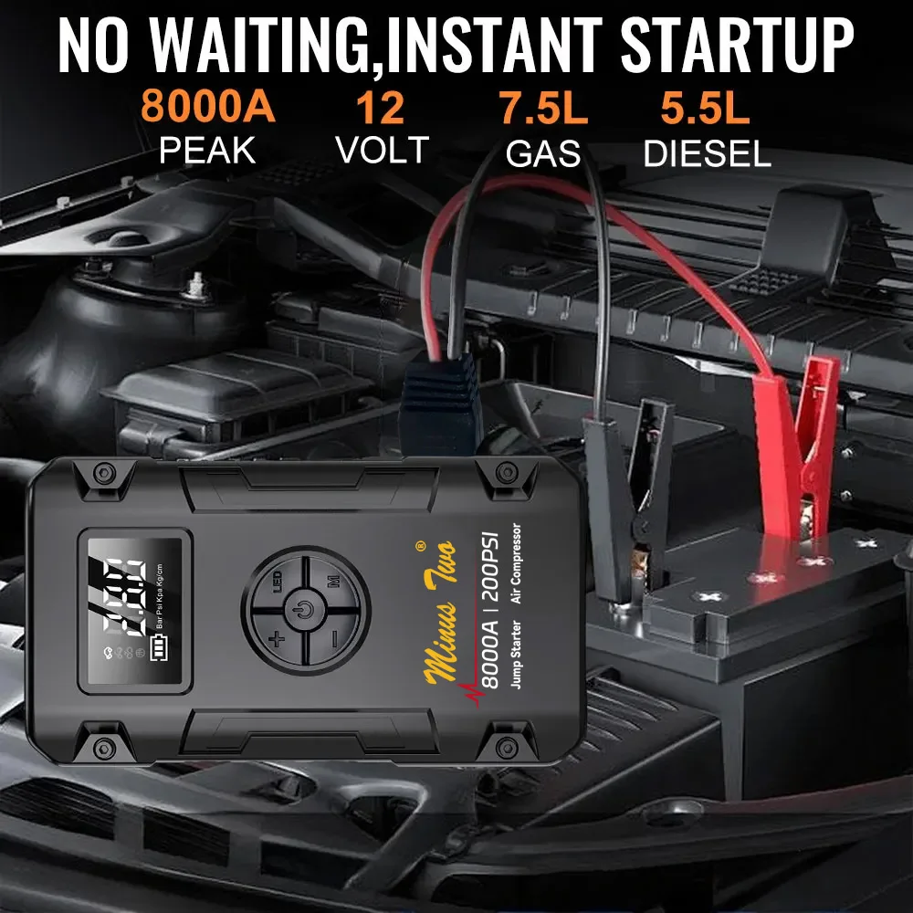 Car Jump Starter with Air Pump 12V Tire Inflator 200PSI Battery Booster Pack Up to 7.5L Gas 5.5L Diesel LED Power Bank