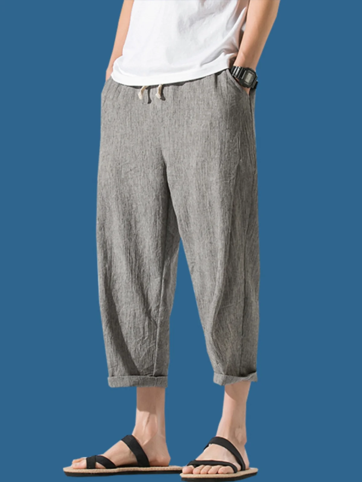

Льняные мужские летние тонкие брюки-капри из ледяного шелка, модные повседневные свободные брюки-харланы прямого кроя, базовые однотонные летние брюки