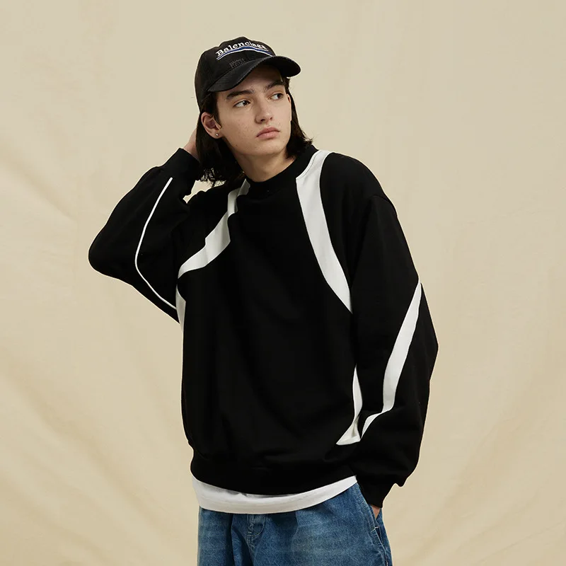 

Black and White Color Contrast Patchwork round Neck Sweater 360G Cotton Terry Loose-Fitting Casual Pullover Men