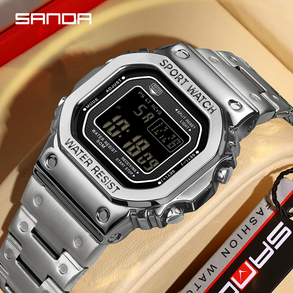 SANDA 2162 Men's Electronic Watch Square Waterproof Multi functional Wrist Watch Square Fashion Night Light Steel Digit Watches