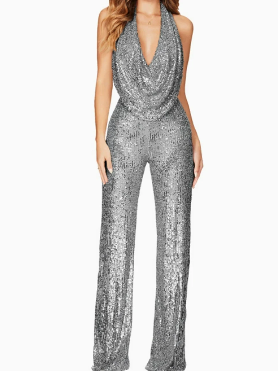 

Женский сексуальный комбинезон с блестящими пайетками, однотонный, с открытой спиной, облегающий, с широкими штанинами