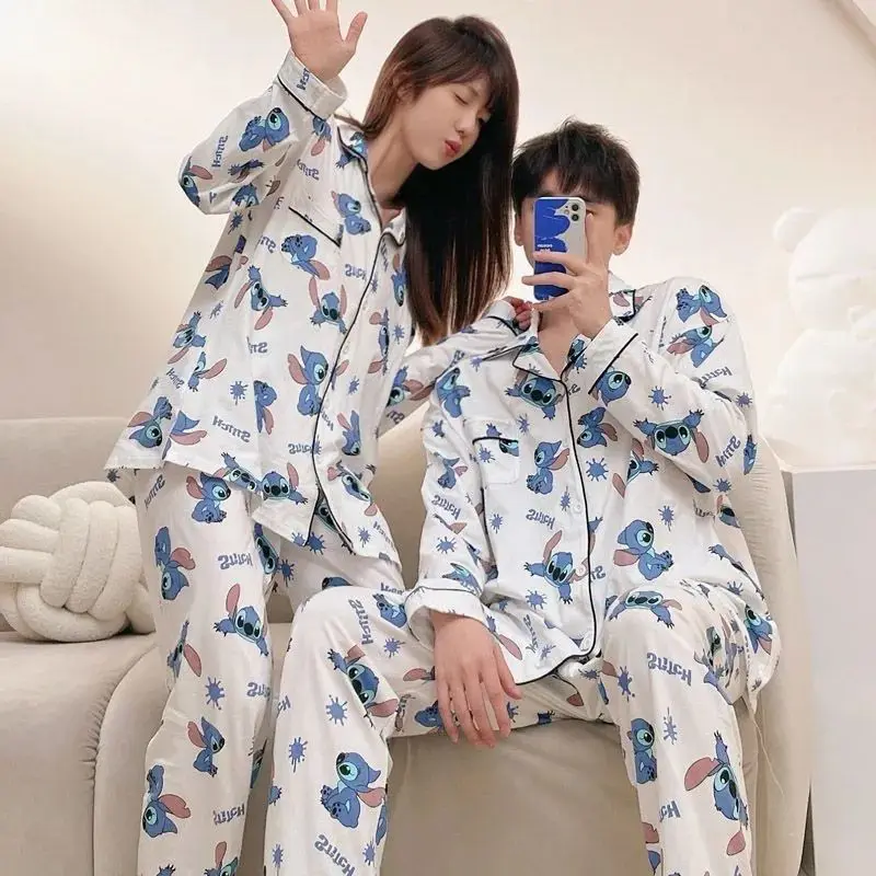 Disney Lilo & Stitch Pajama Pantsins Japanese Style Long Sleeve Trousers Spring and Autumn Cute Cartoon Couple Home Wear Set