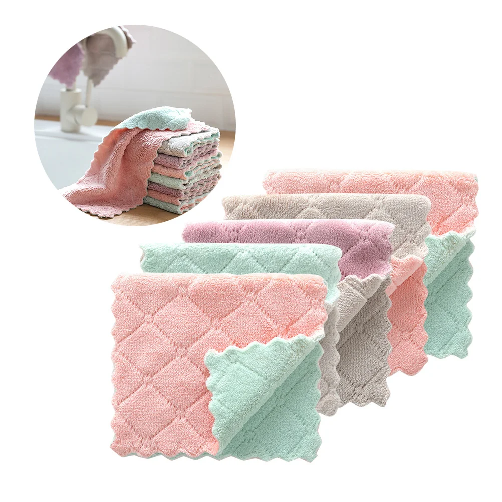 

5Pcs Microfiber Dishcloth Thick Double Layer Solid Color Absorbent Multipurpose Cleaning Cloth Kitchen Home Microfiber Dishcloth