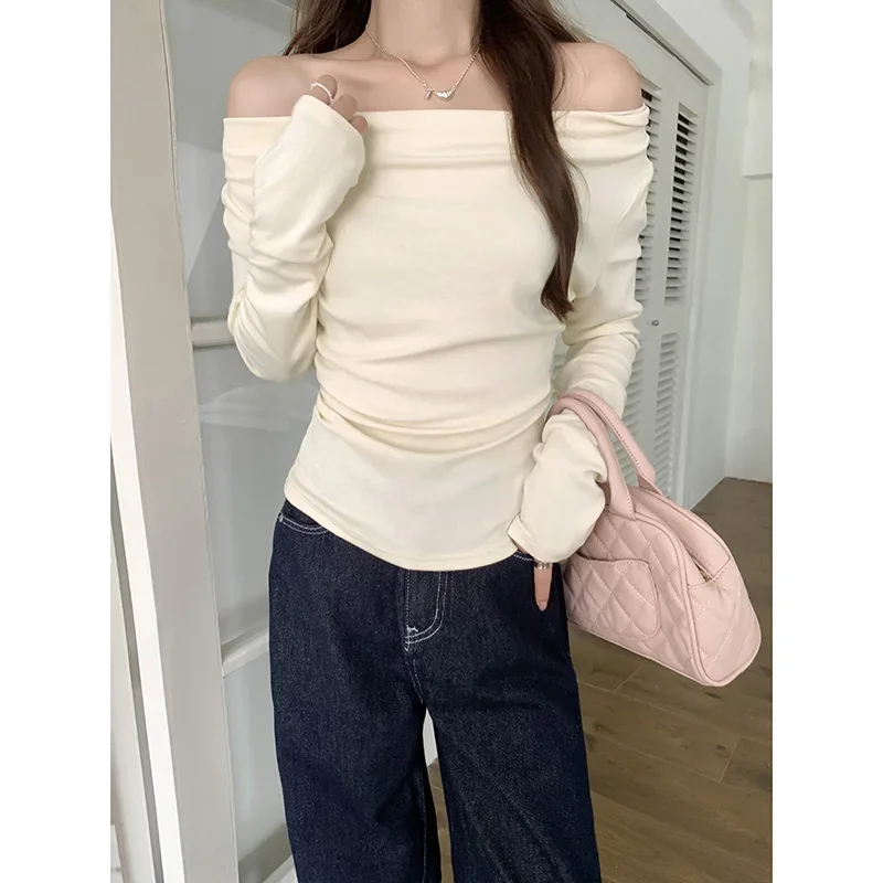 Sexy Slash Neck T Shirts Women Fashion Off Shoulder Long Sleeve Tops Female Korean Style Slim Fit Folds Streetwear Clothes Y2k