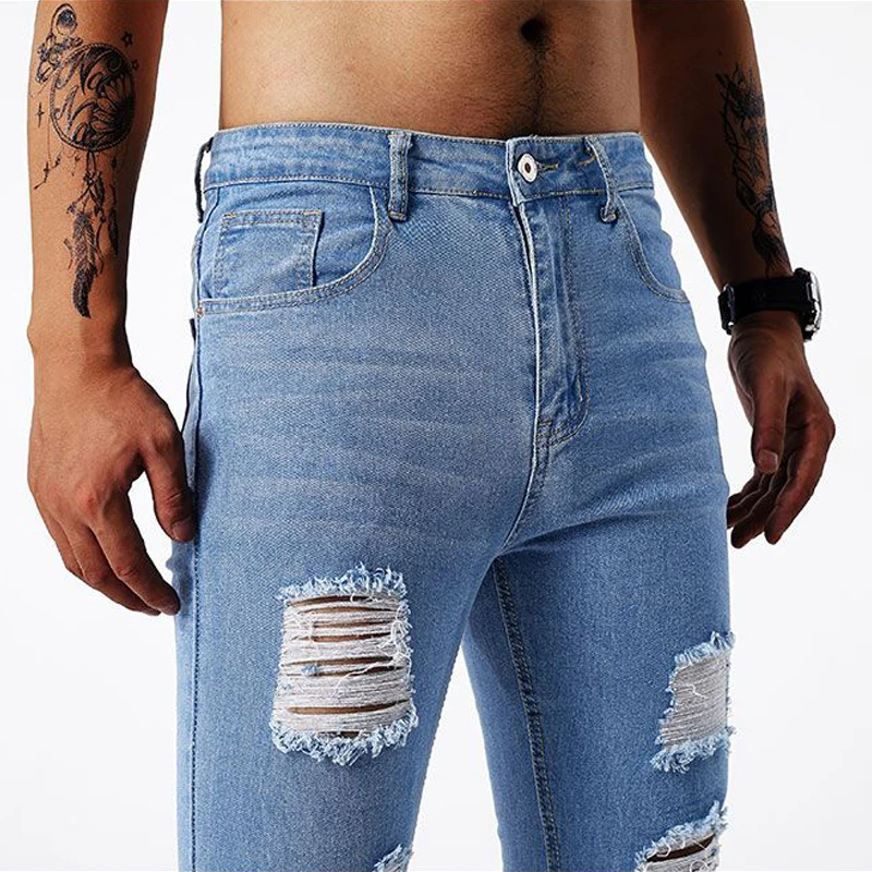 

2025 American retro men's water washed perforated jeans spring summer thin China-Chic fashion high street denim long
