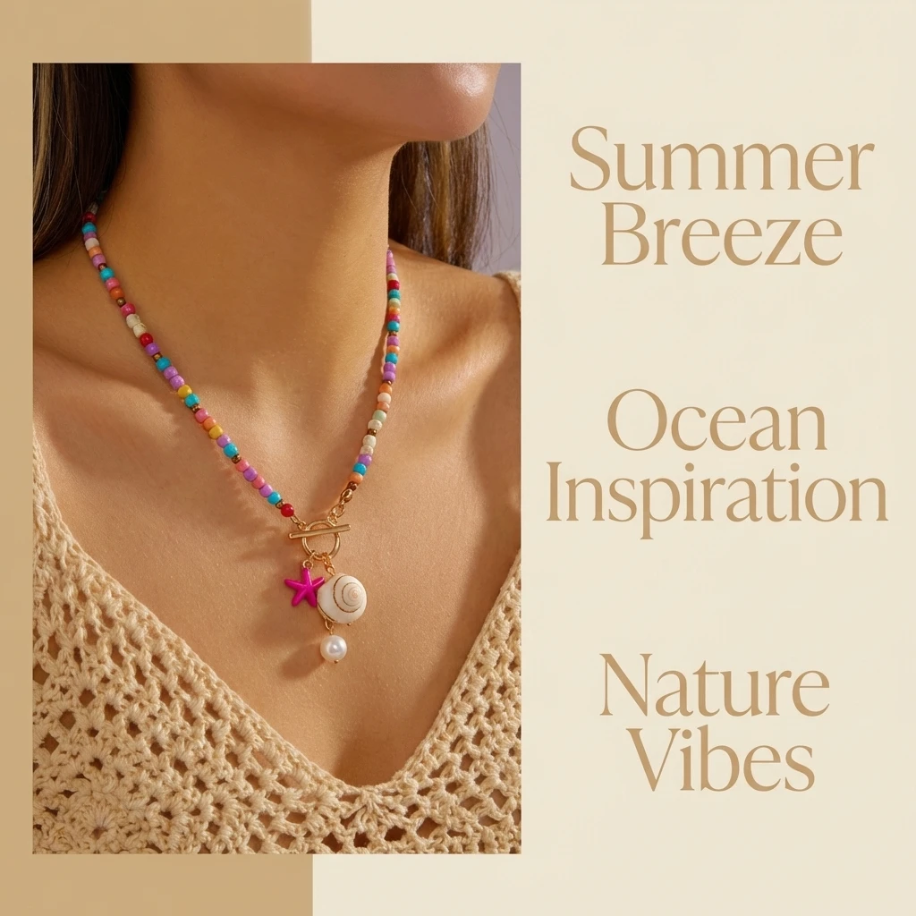 Böhmische Bunte Perlen-Seestern OT-Verschluss Anhänger-Halskette für Frauen Imitationsperlen Muschel-Halskette Sommer-Party-Schmuck – Detail 1