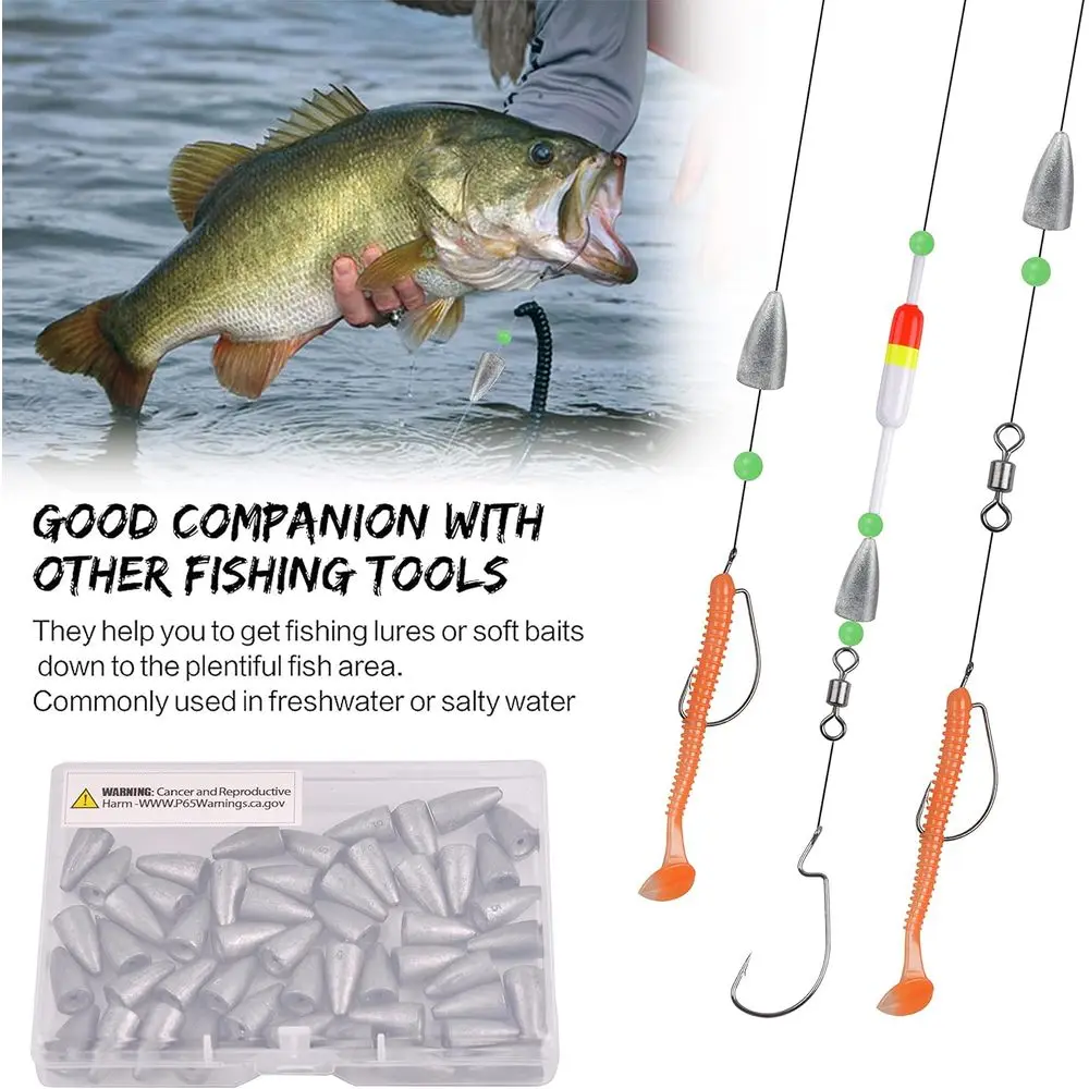 50 pacotes de chumbadas de pesca em formato de bala para baixo, água salgada e equipamento de água doce, ideais para arremesso, lançamento e equipamentos texas