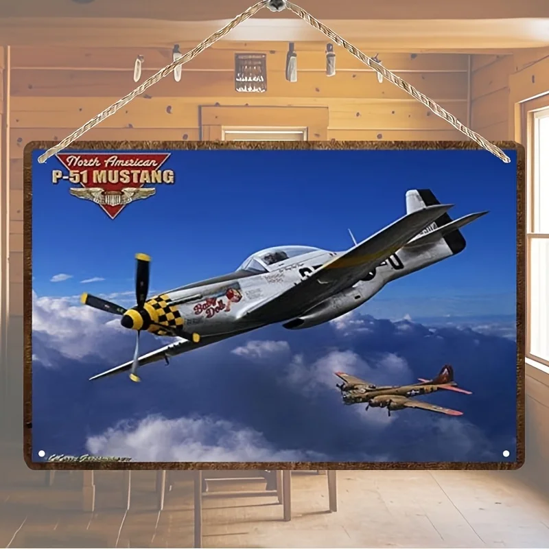 Vintage P-51 Metal Tin Sign, Retro American Fighter Plane Wall Art for Living Room, Bedroom, Cafe, Bar, Garage Decor –
