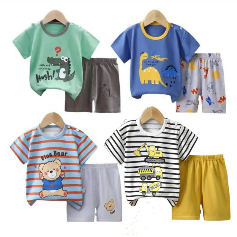 Summer Cartoon T-Shirt+Shorts 2-Piece Clothing Set Cotton Pajama Kids Baby Boys Girls Stripe Casual Tracksuit Clothes Suit 1-6 Y