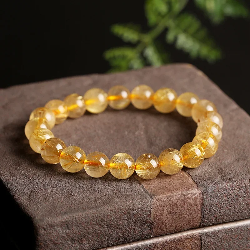 9mm Precious Gold Hair Crystal Bracelet Natural Advanced Fine Jewelry Balancing Enhancing Energy Yoga Eliminating Fatigue Bangle