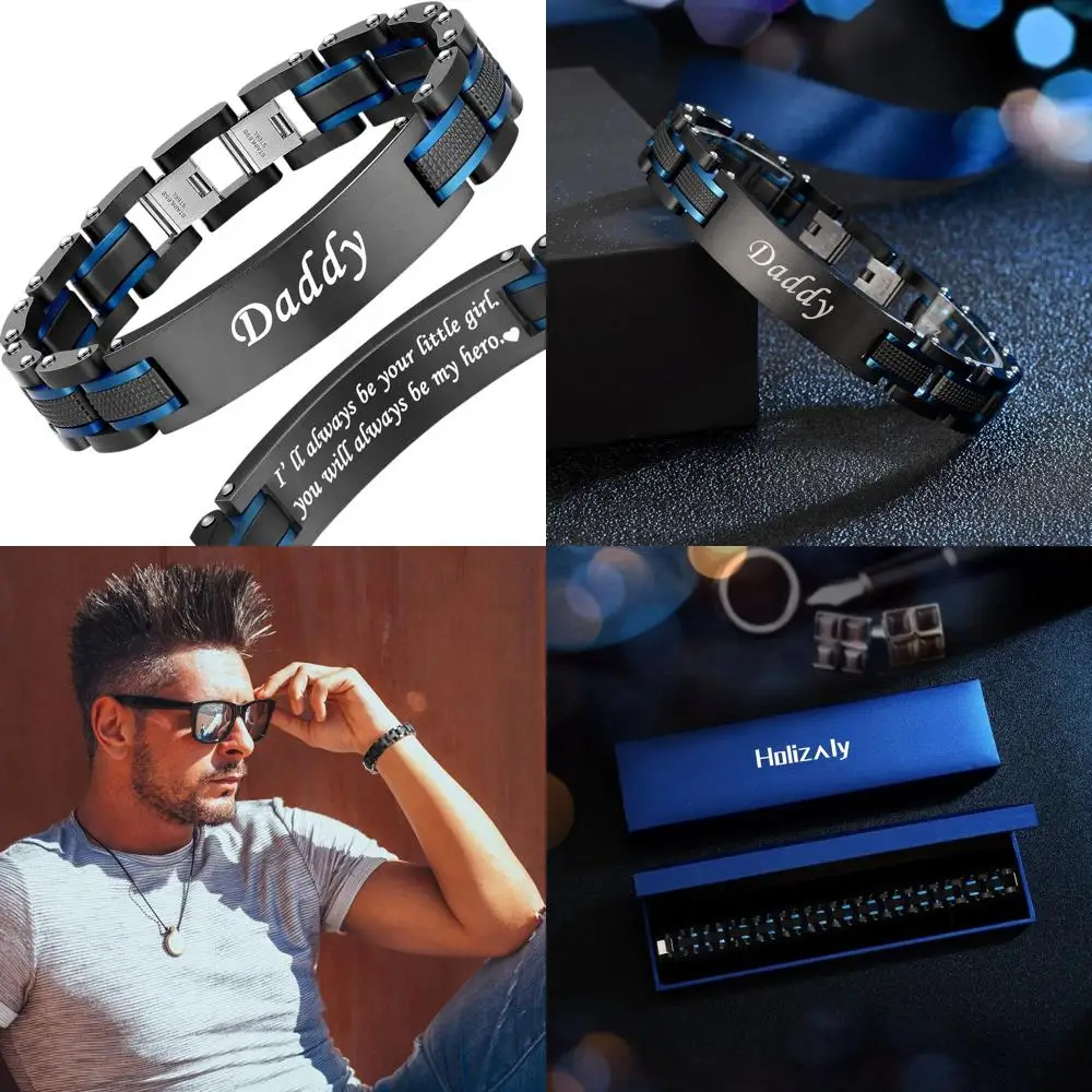 

Curved Ion-Plated Black & Blue Men's Bracelet - Perfect Gift for Birthdays, Valentine's Day, Husband, Boyfriend, Son