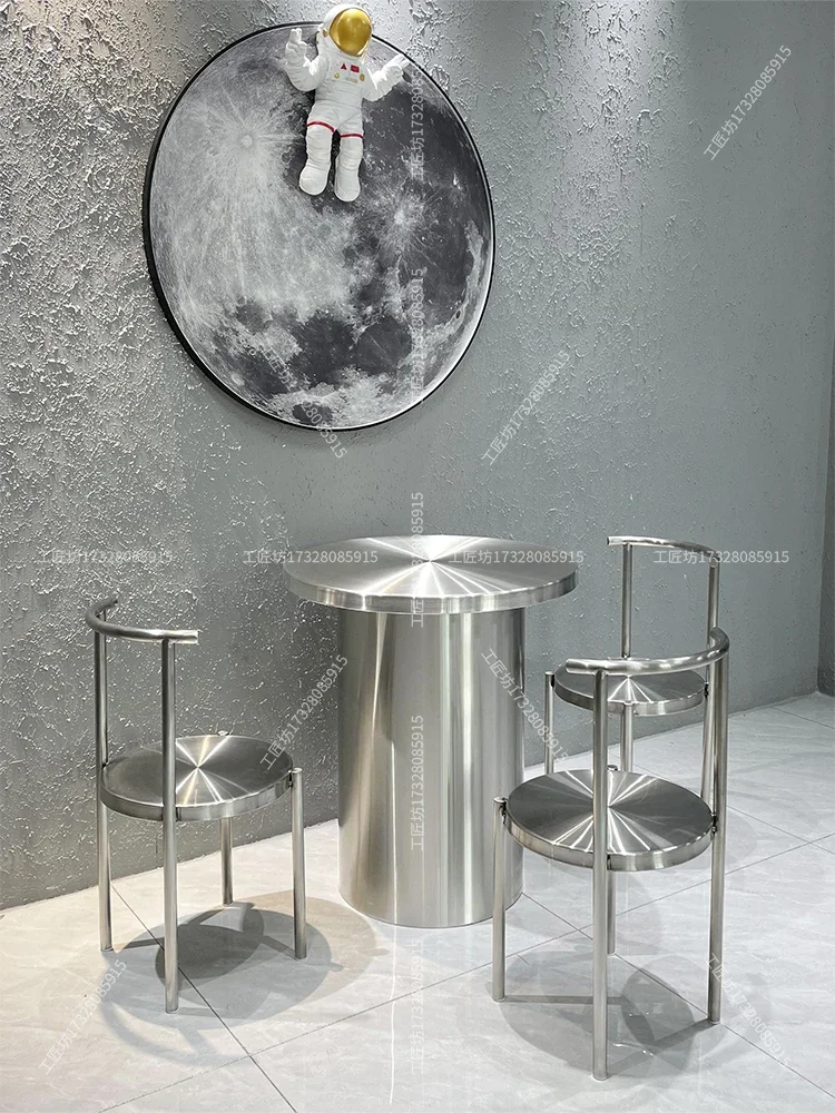 Industrial style milk tea dessert shop restaurant stainless steel barrel brushed commercial round table custom bar