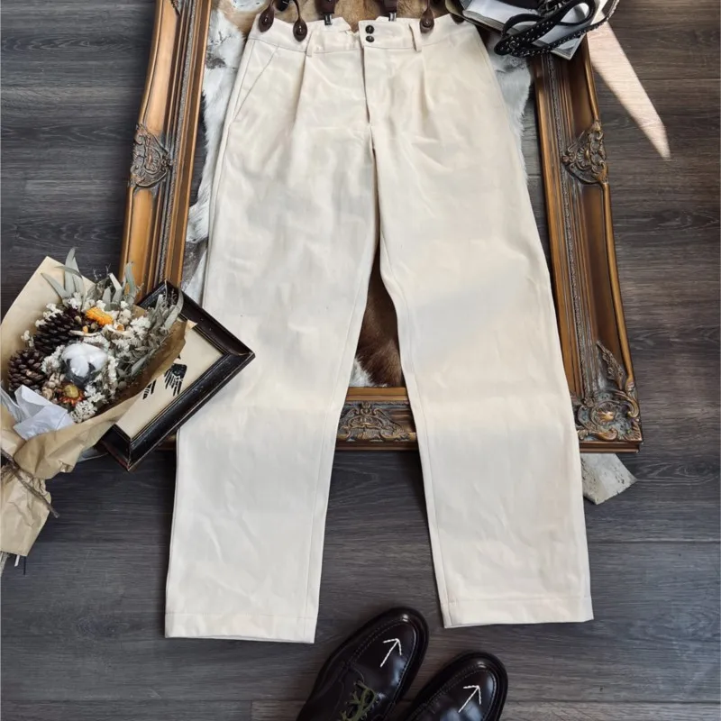 Amekaji Wear 레트로 하이 웨이스트 스트레이트 카고 바지 퓨어 코튼 원단