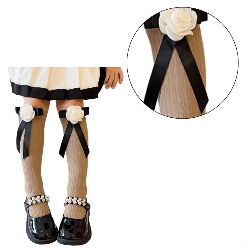 P88A – chaussettes hautes pour enfants filles, japonais JK, mignon camélia avec nœud papillon, uniforme scolaire en coton,