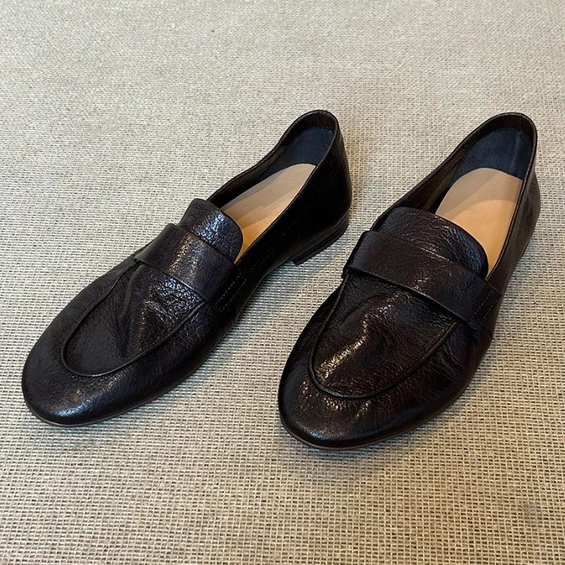 2026 New Spring Women Black Soft Genuine Leather Flat Loafers Comfortable Slip-on Office Commuter Casual Walking Shoes