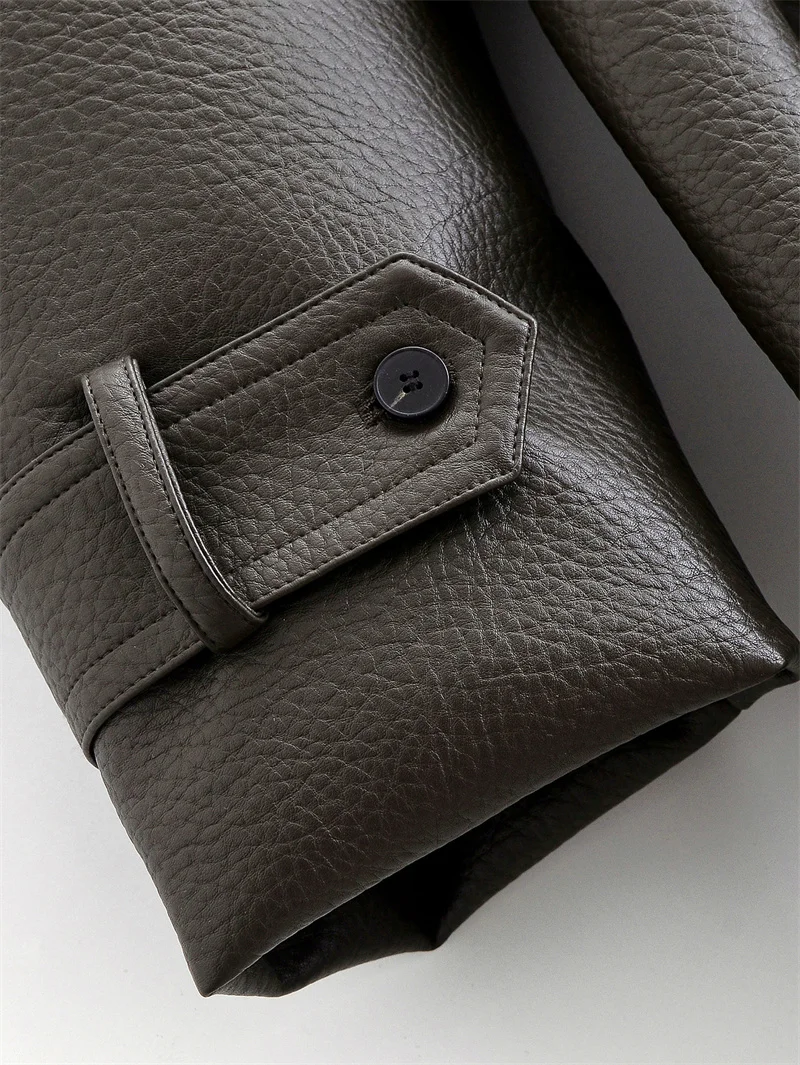 Damen-Trenchcoat 2025, Herbst/Winter, neuer Stil, dunkelbraun, langärmelig, Kunst-Litschi-Leder mit Gürtel, lange Trenchcoat-Jacke