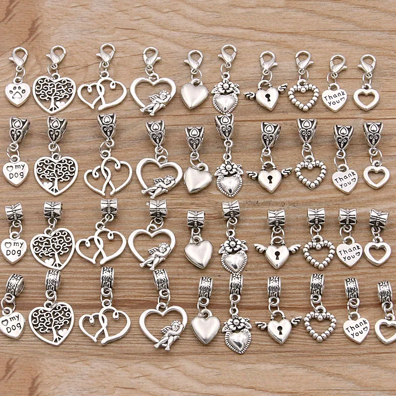 Mix 10pcs 4 Styles 2 Color Heart Charm Lobster Clasp Pendants Vintage Beads Fit for Women Bracelets DIY Metal Jewelry Making