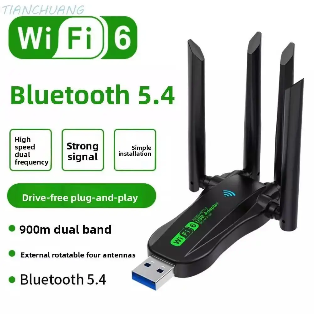 

Двухдиапазонный USB-адаптер WiFi6, AX900 Bluetooth 5.4, 900 Мбит/с, Wi-Fi-донгл, Plug & Play, 4 антенны, 2,4/5 ГГц, USB-интерфейс, беспроводная сеть