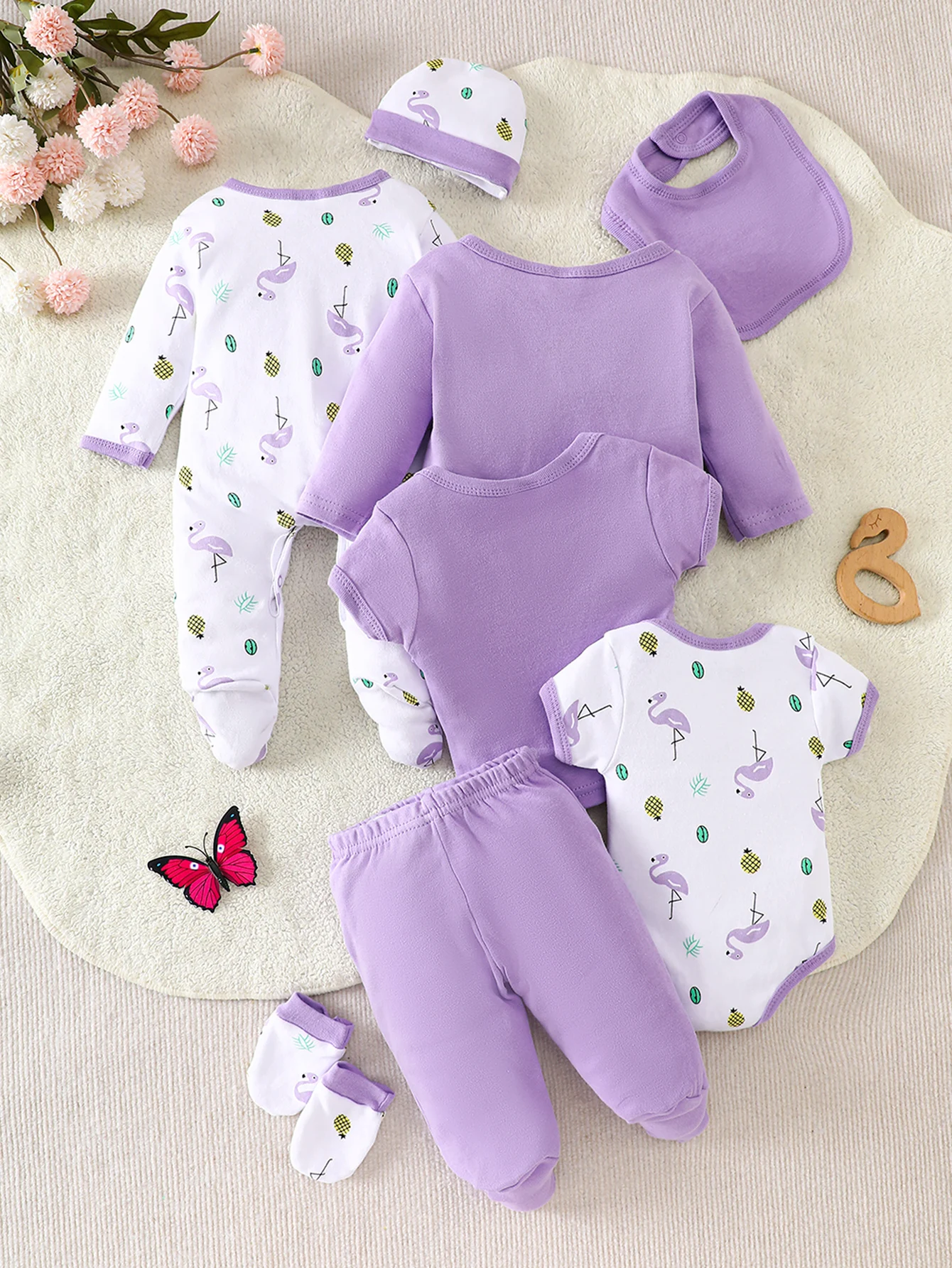 8-teiliges Baby-Set für kleine Prinzessinnen, Neugeborenen-Strampler mit Einhorn- und Schmetterlingsmuster, Mütze, Lätzchen, Socken, Hose, Outfit – Detail 2