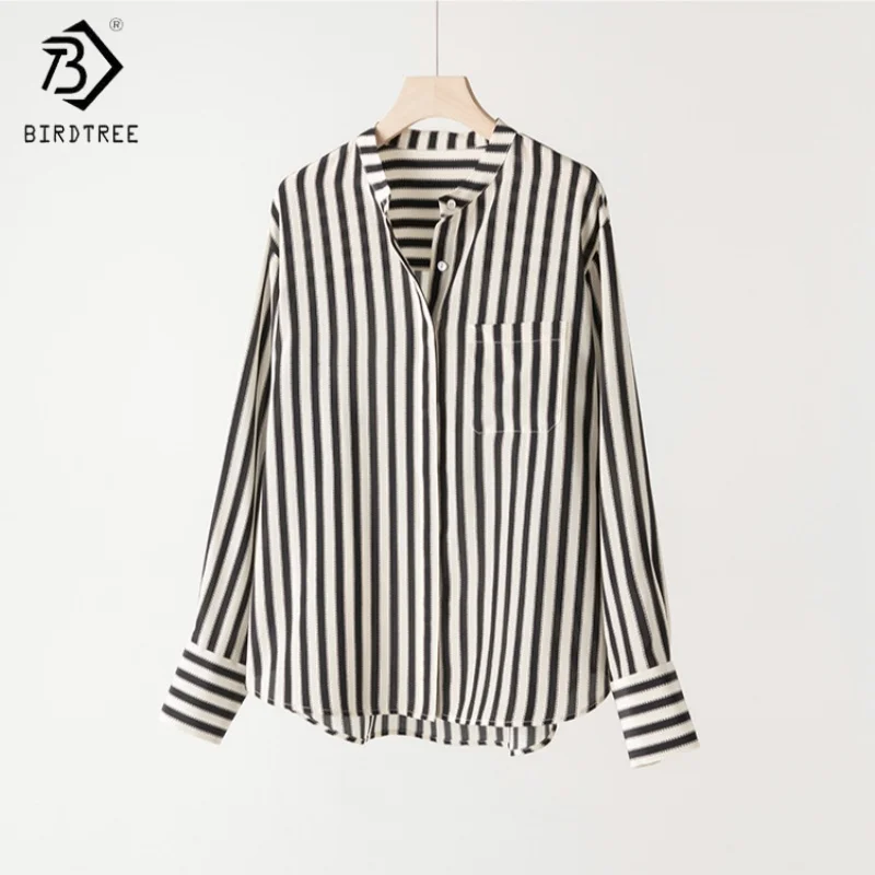 

Birdtree,100% Mulberry Silk Stripe Blouse,Women's Double Crepe Lapel Tops,Full Sleeve,Single Breasted Shirt,2025 New T5D611JF