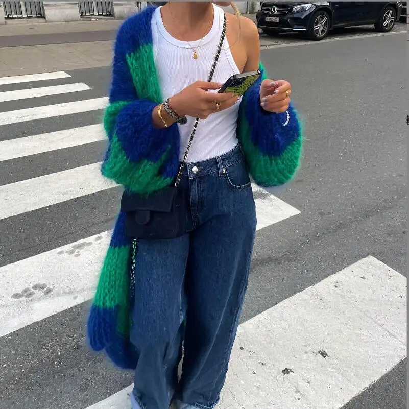 

Autumn Striped Contrast Color Knitted Long Sweater Coat Women Long Sleeve Warm Cardigan Jacket Fashion Female Streetwear w792
