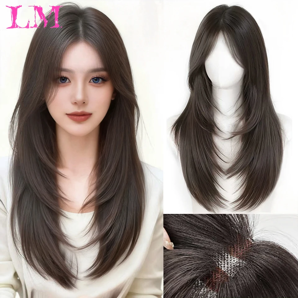 LM Synthetic Straight Wigs Side Swept Bangs Hair Black Tea Heat-Resistant Natural And Smoot Daily Wear For Women