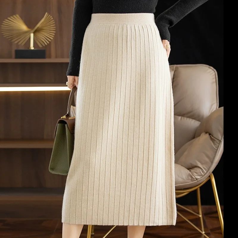 

High Waist Mid-Length Pure Woolen Skirt for Women Simple Straight Cut Color Autumn Winter Faion Versatile Skirt