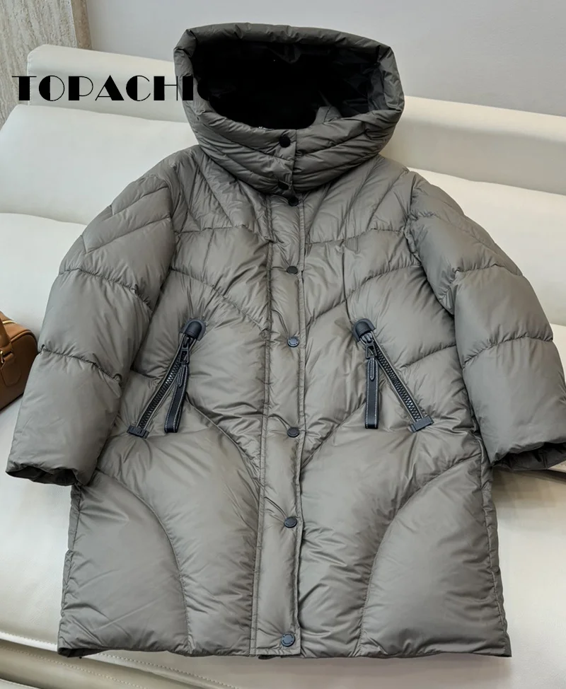 8.28 TOPACHIC Women Autumn Winter New Hat Detachable Mid-Length Down Jacket Zipper Pocket Design Loose Goose Down Outerwear