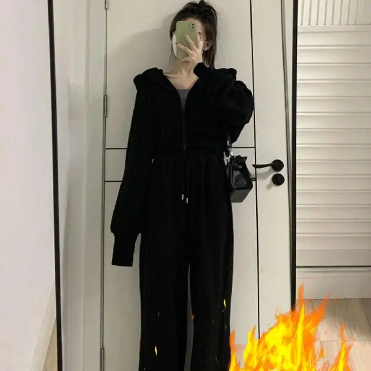 

plus Size Hoodie Sweatirt Thiened Fce High Waist Women's Casual Sports Pants Two-Piece Set Winter Faion plus Size