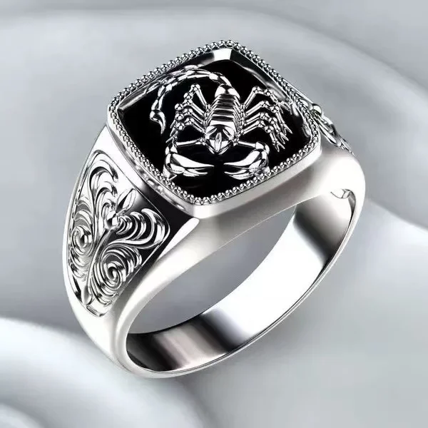 New Wish Scorpio Engraved Men's Ring, European Silver-Plated Scorpion Anniversary Band