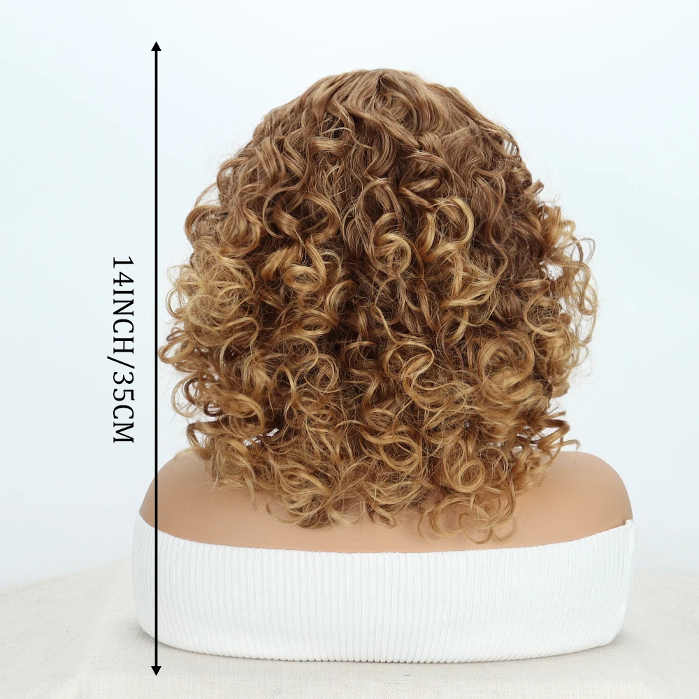 Short Curly Gold Gradient Synthetic Afro Wig With Curly  Bangs Natural Wig Heat Resistant Fiber Cosplay Woman