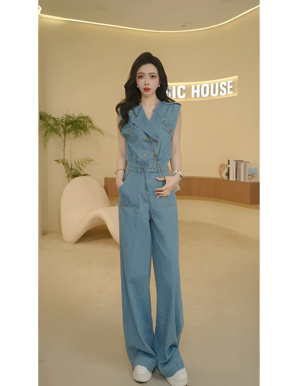 

Basic House Casual Denim One-Piece Suit Women's Svel Workwear High Waist Long Pants Cotton Fabric Summer 2025