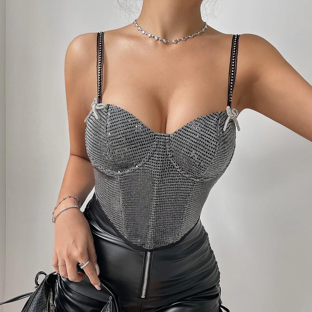 Women Sequin Corset Tops Summer Rhinestone Shoulder Straps Sleeveless Bustier Halter Tank Top Sexy Slim Lingerie Camisole Party