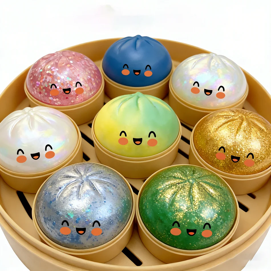 Juguete Antiestrés De Dumpling Arcoíris – Bollo De Vapor De Silicona Suave, Con Cestita De Bambú, Ideal Para Aliviar Estrés, Decorar Escritorio Y Regalar
