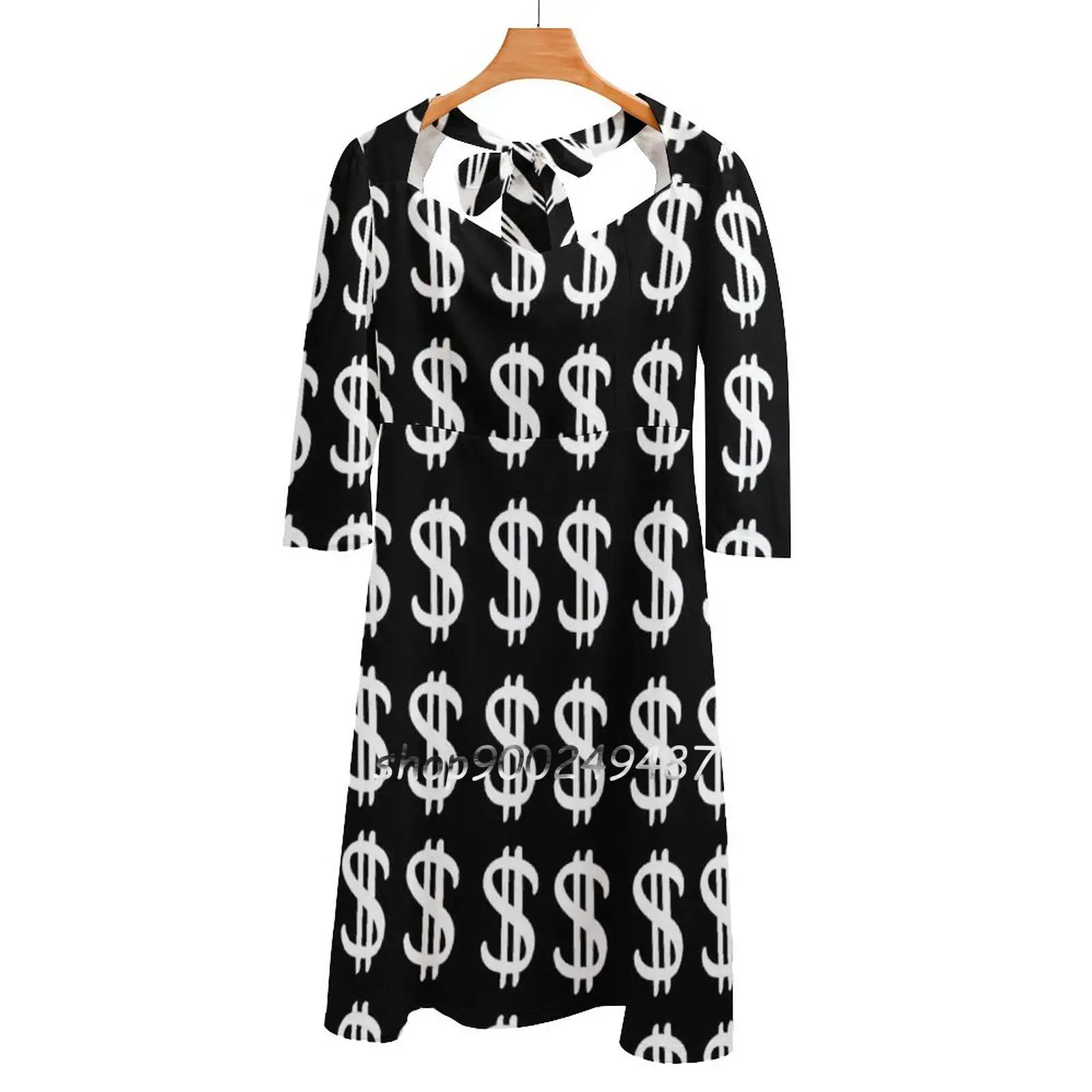 Dollar Sign Design-Dollar Symbol Black And White Square Neck Dress Sweet Summer Dress Women Elegant Halter Print Dress Dollar