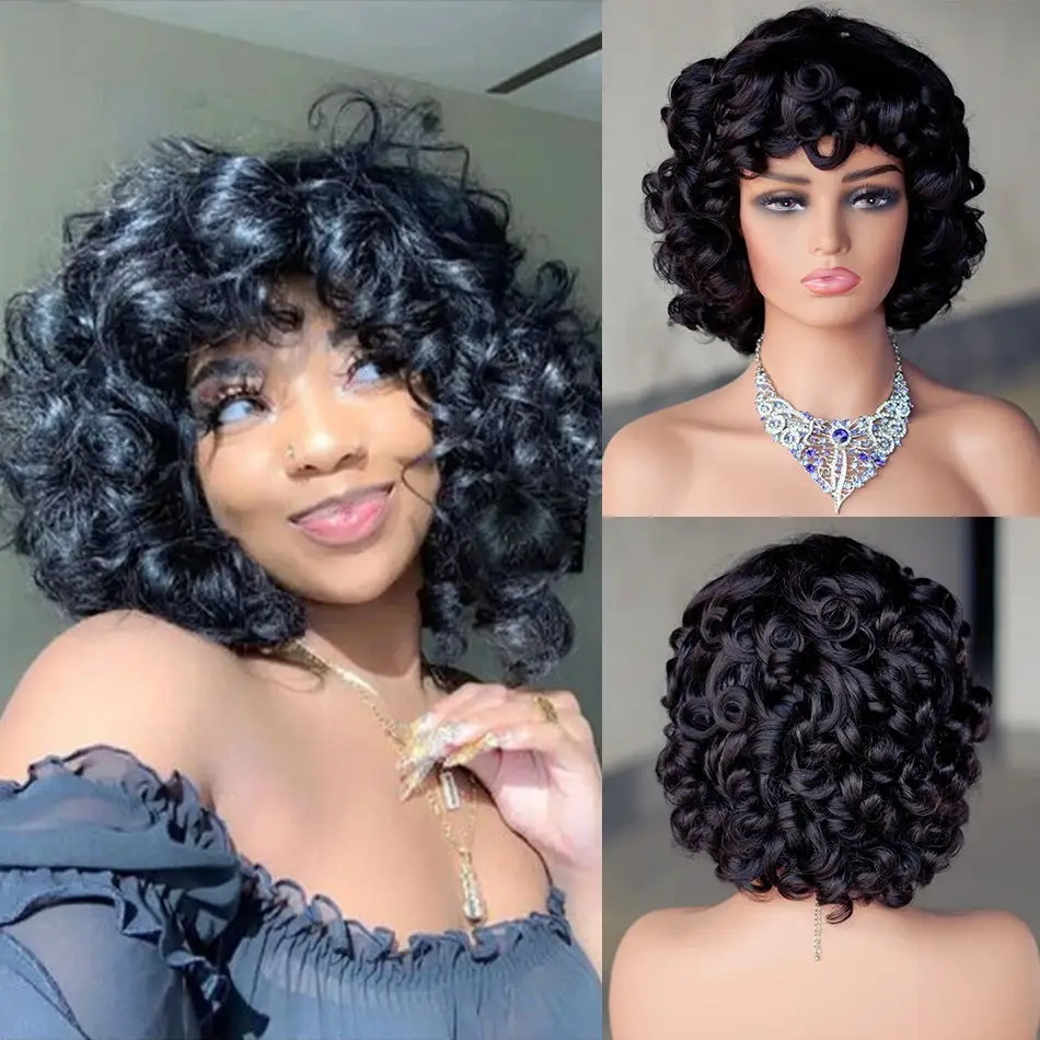 

Rose Curly Wig With Bangs Fumi Human Hair Full Machine Made Loose Wave Short Bob Wigs For Women 210% Virgin Brazilian Pixie Cut