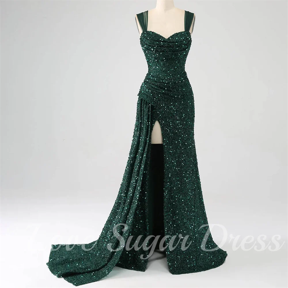 

Emerald Green Mermaid Evening Dresses For Women Elegant Sequin Prom Dress Sexy High Slit Formal Party Gowns robes de cocktail