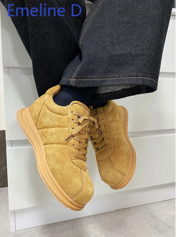Yellow Thick Soled Lace Up Bread Shoes Fashionable Round Toe Height Increasing Niche Lightweight Versatile Sports Leisure Shoes