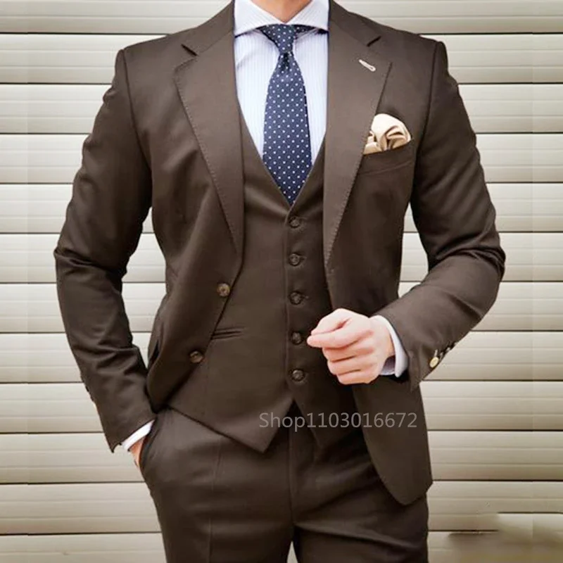 Coffee 3 Piece Weddi Suits for Men Slim Fit Groom Tuxedos Notch Lapel Business Formal Party Male Blazer Vest Pants Costume Homme