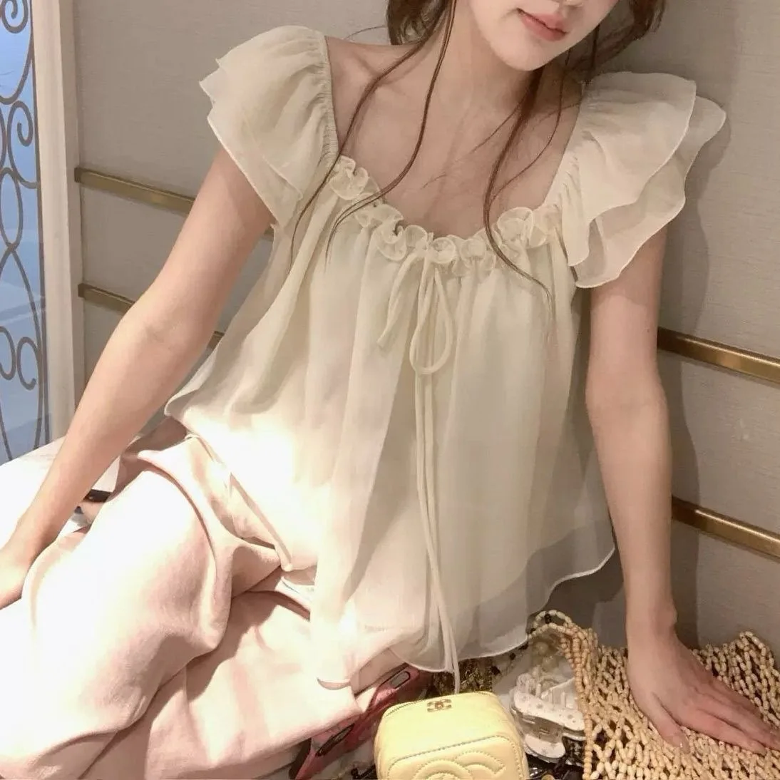 Blush Pink Ruffle Square Neck Chiffon Top Women Front Tie Flutter Cap Sleeveless Loose Babydoll Blouse